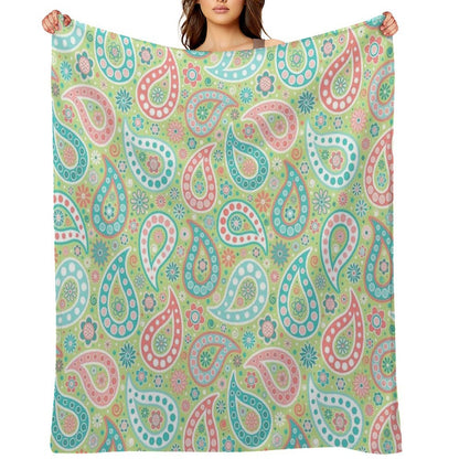 Paisley in Green, Turquoise Blue, Coral Pink And White Throw Blanket