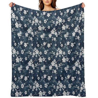 Navy And White Cherry Blossom Pattern Throw Blanket