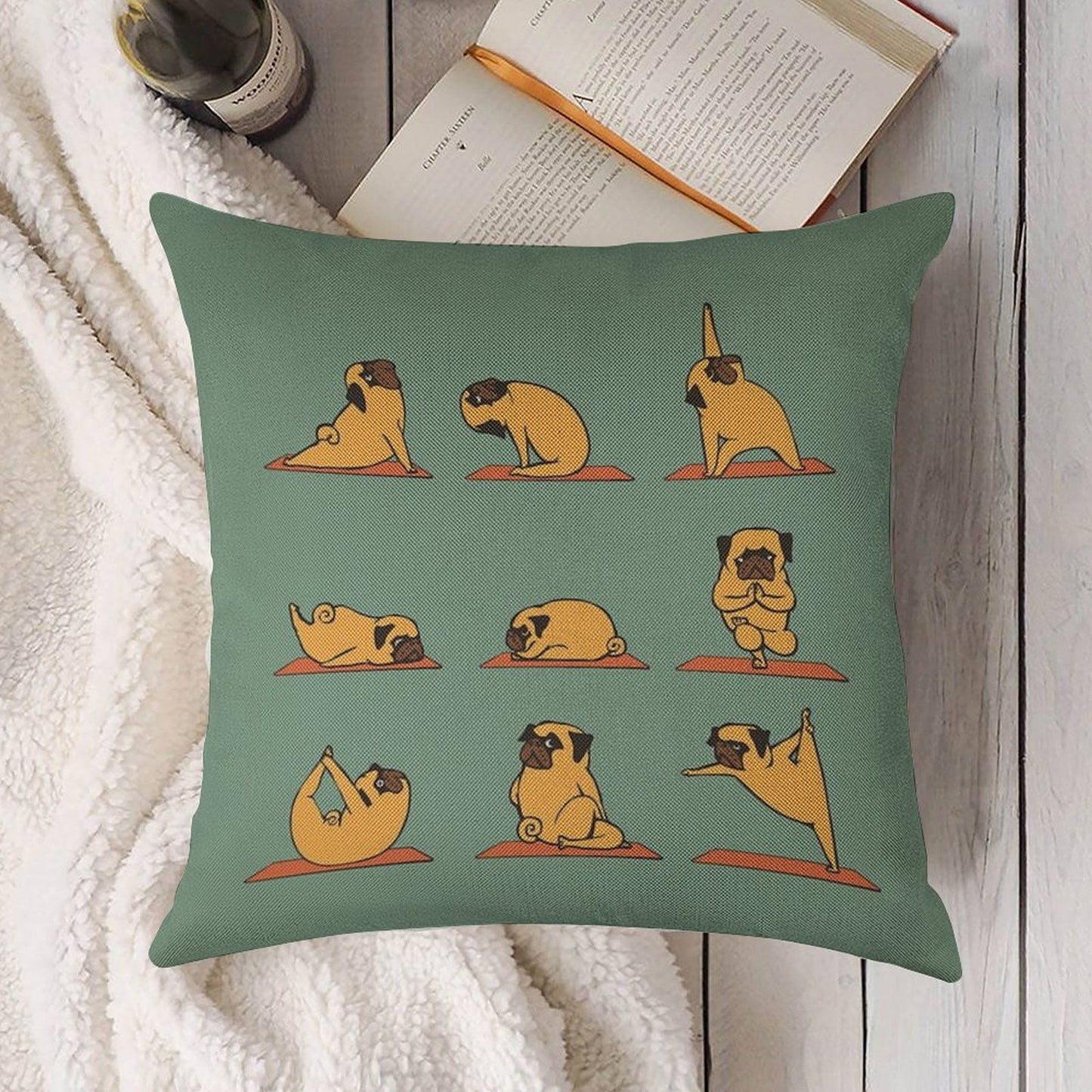 Pug Yoga Linen Throw Pillow Cover