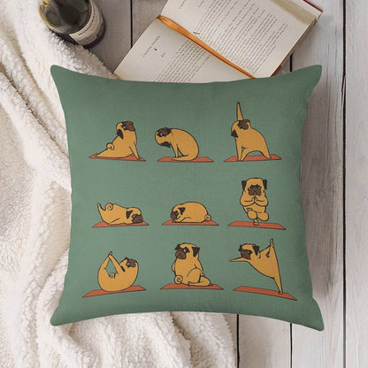 Pug Yoga Linen Throw Pillow Cover