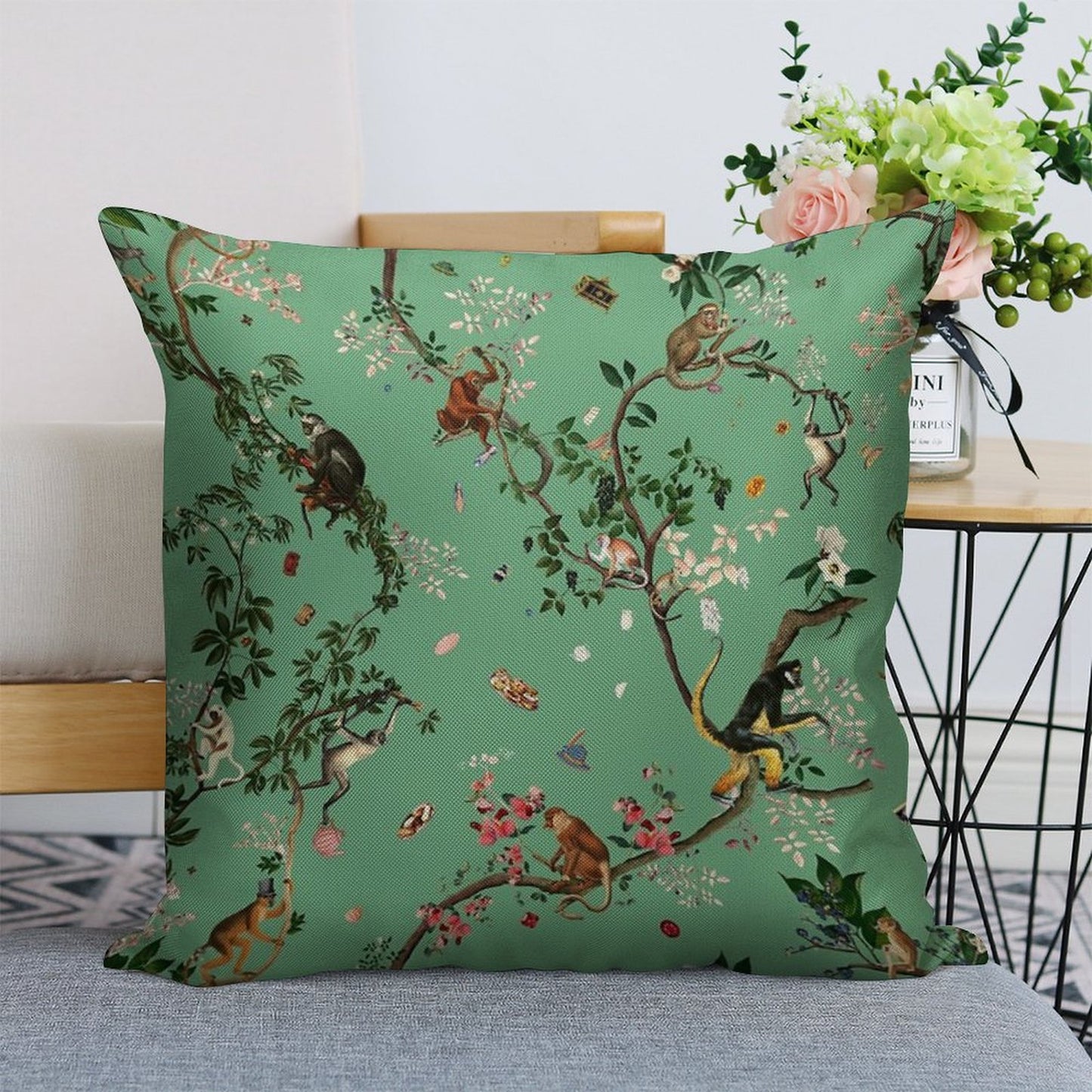 Monkey World Green Linen Throw Pillow Cover