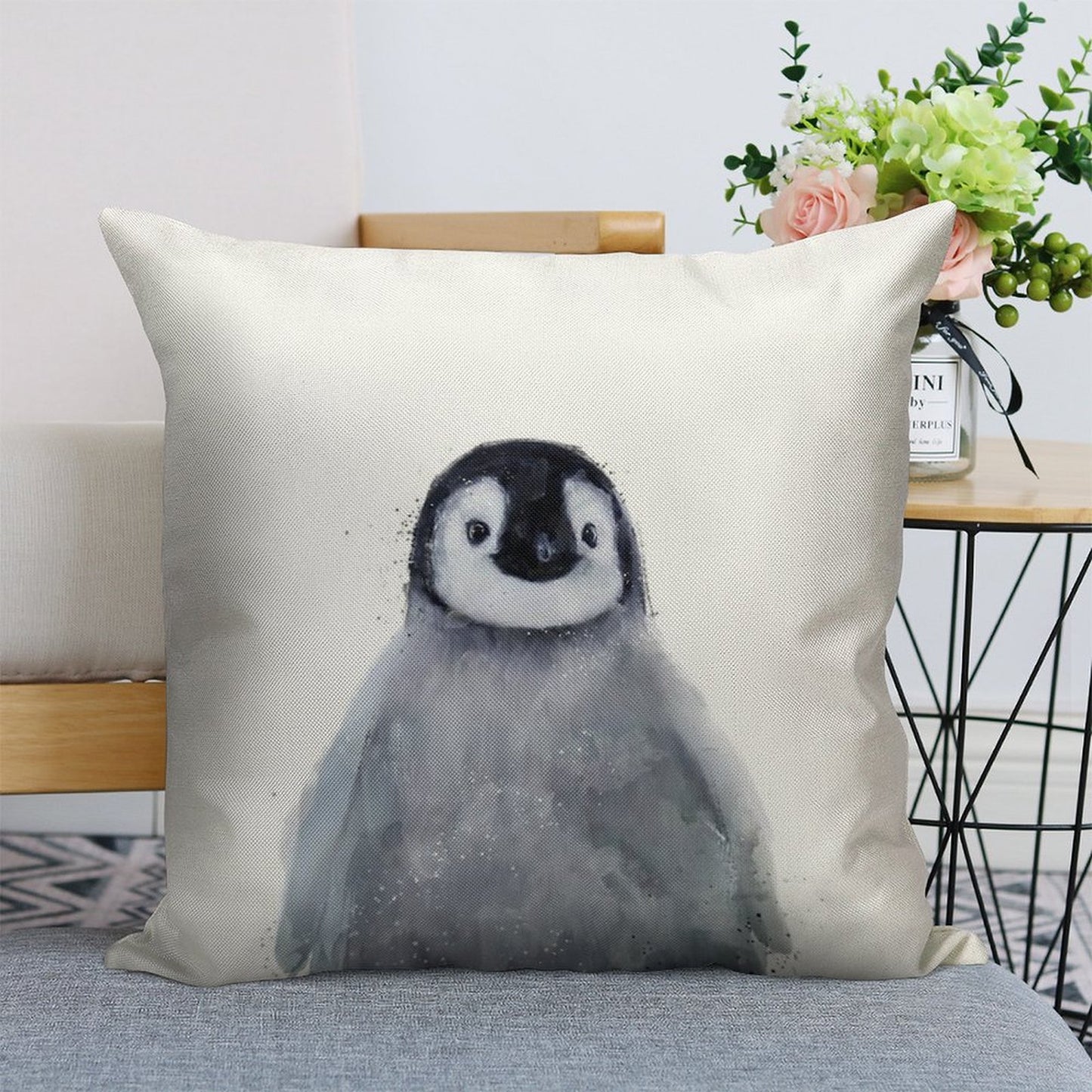 Little Penguin Linen Throw Pillow Cover