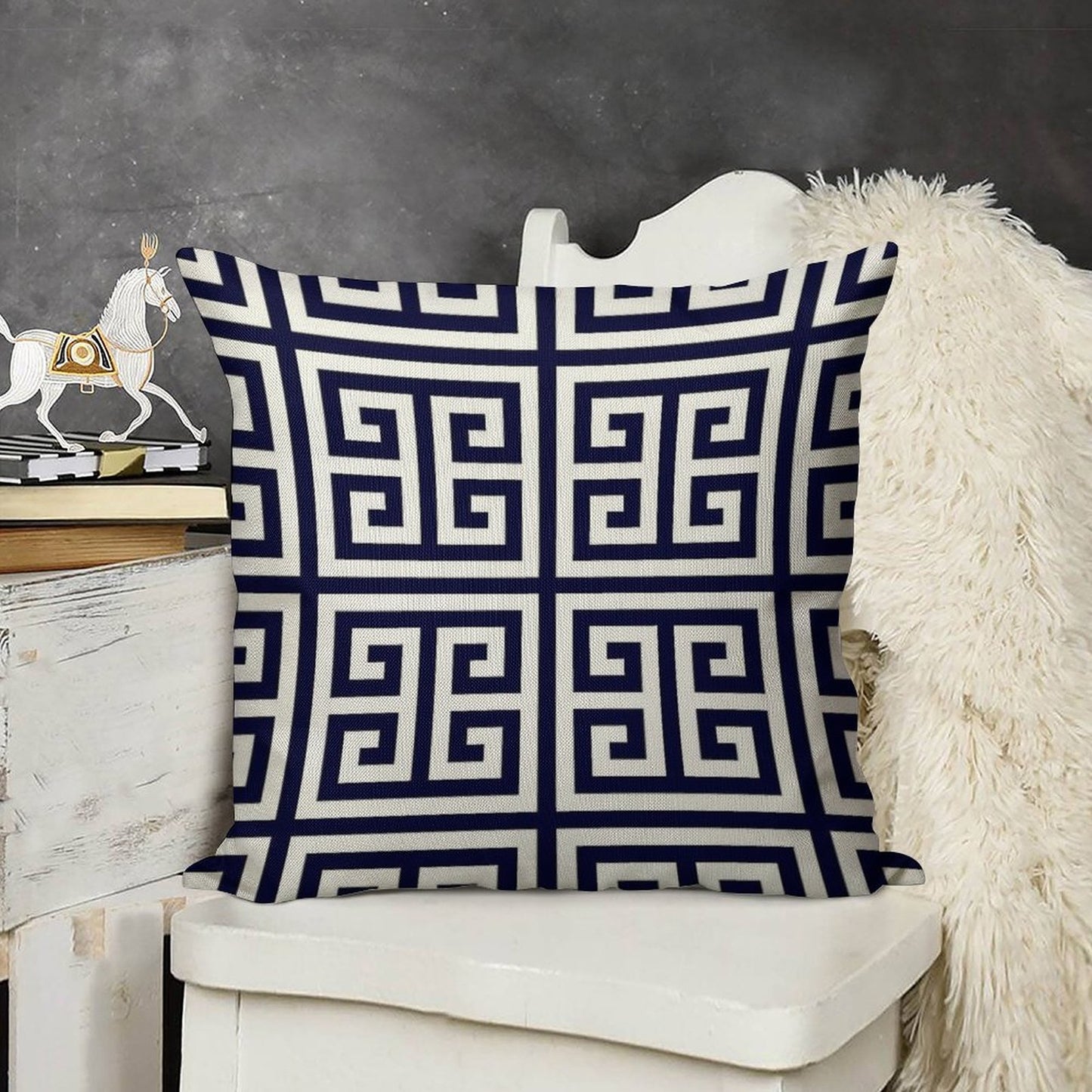 Greek Key Navy Blue And White Pattern Linen Throw Pillow Cover