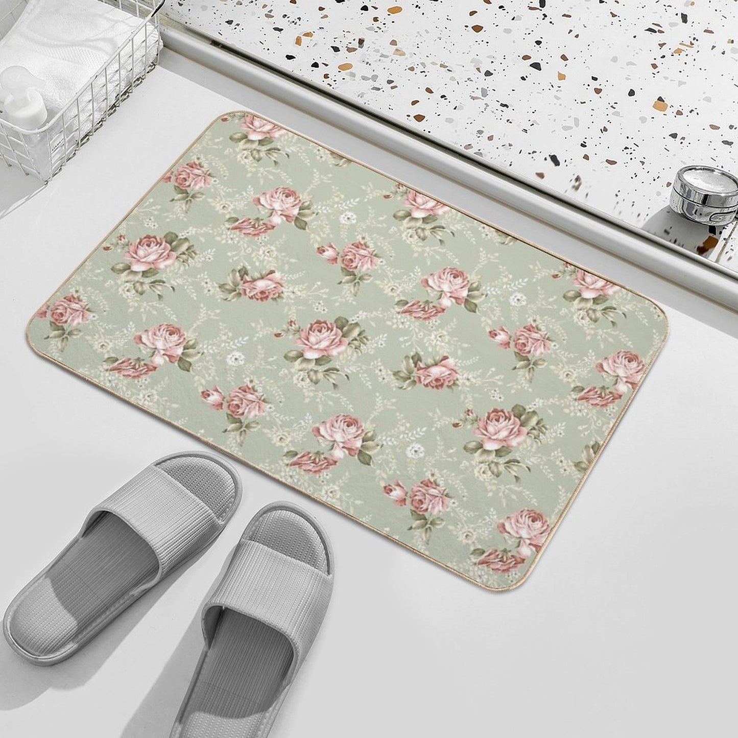Vintage Blush Roses - Sage Green Background Bath Mat