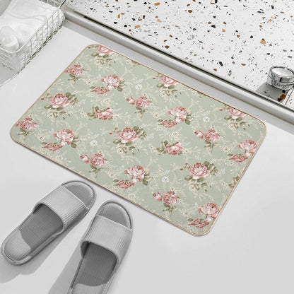 Vintage Blush Roses - Sage Green Background Bath Mat