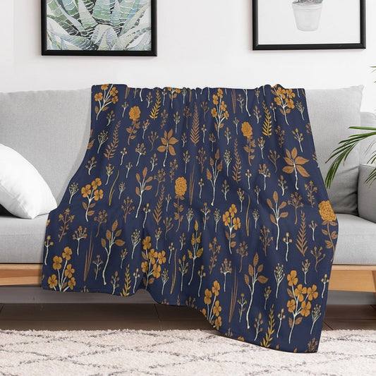 Navy Blue & Mustard Yellow Floral Pattern Throw Blanket