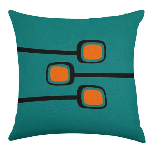 Retro Branches Black And Orange on Teal Mid Century Modern Print Linen Throw Pillow Cover