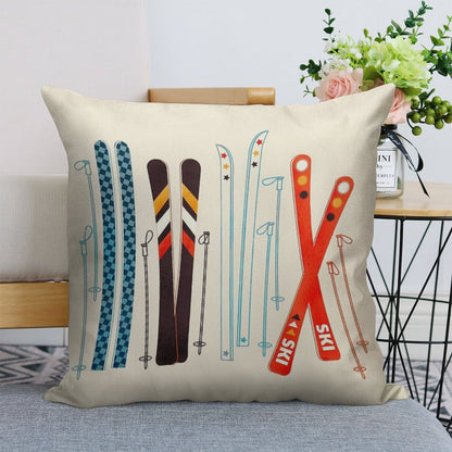 Colorful Retro Ski Illustration Linen Throw Pillow Cover