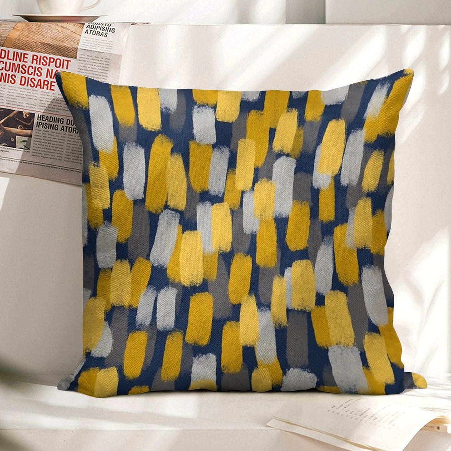 Abstract Grey And Mustard Yellow Paint Brush Effect on Navy Blue Linen Throw Pillow Cover