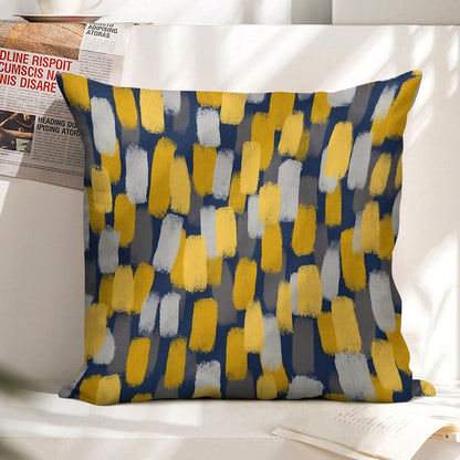 Abstract Grey And Mustard Yellow Paint Brush Effect on Navy Blue Linen Throw Pillow Cover