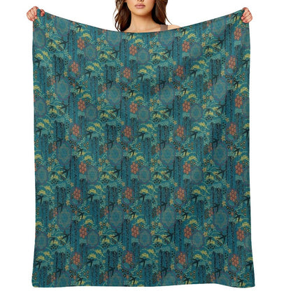 Japanese Garden in Teal Gold Red And Black Throw Blanket