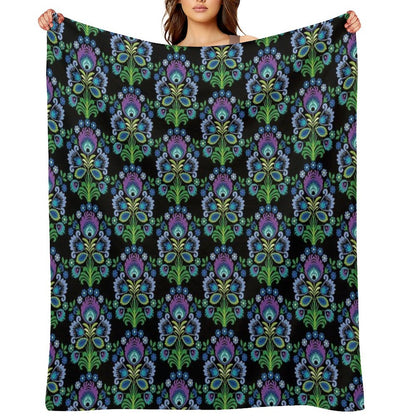 Polish Folk Flowers Purple on Black Throw Blanket
