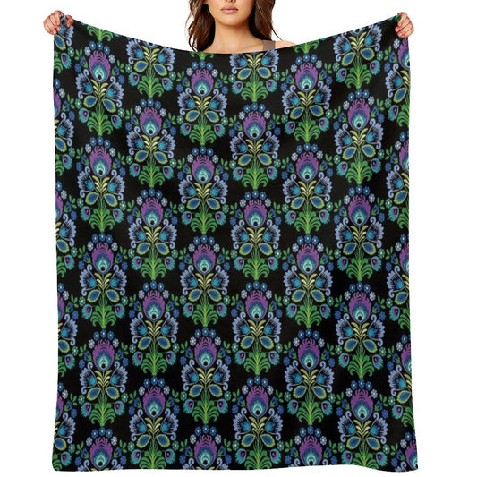 Polish Folk Flowers Purple on Black Throw Blanket