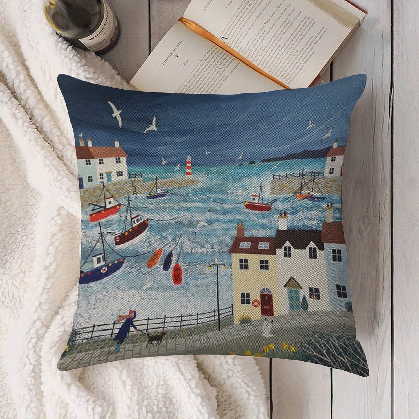 Stormy Harbour Linen Throw Pillow Cover