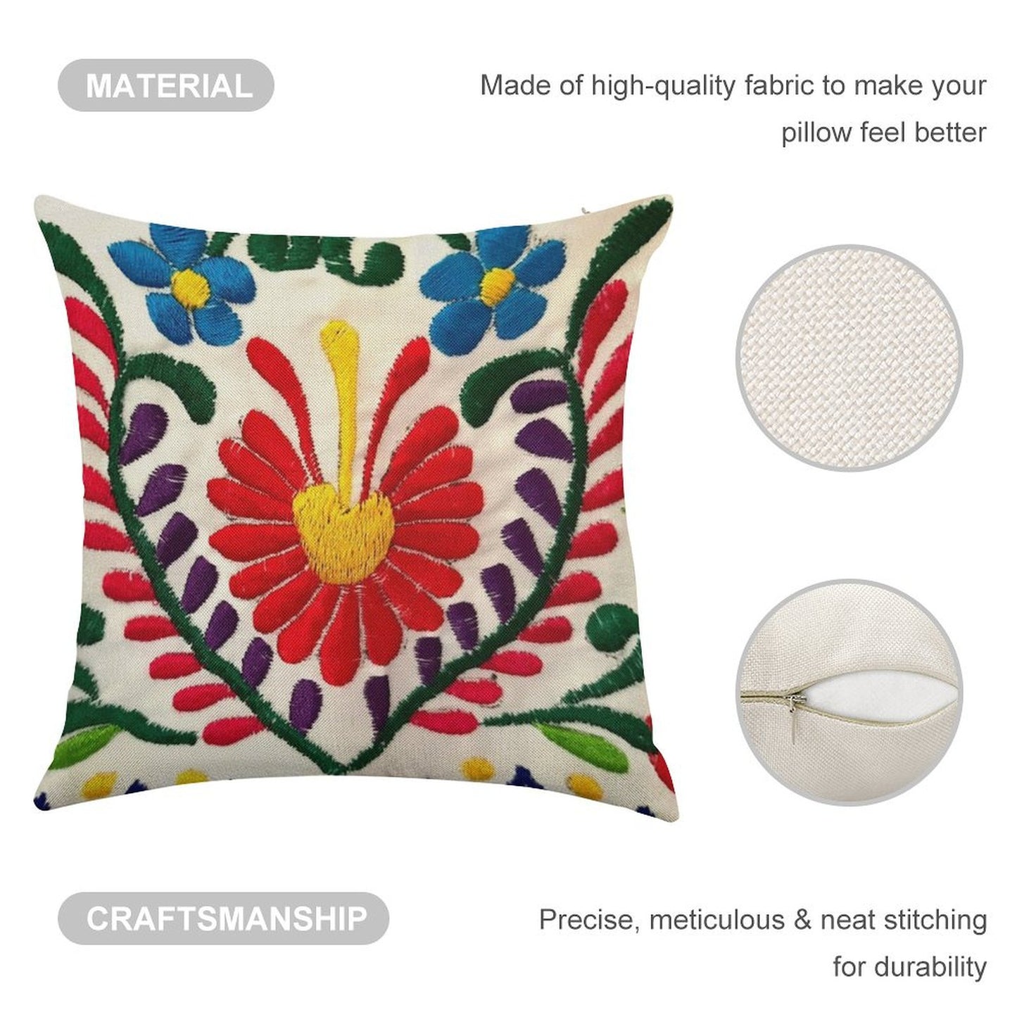 Mexican Flowers Linen Throw Pillow Cover