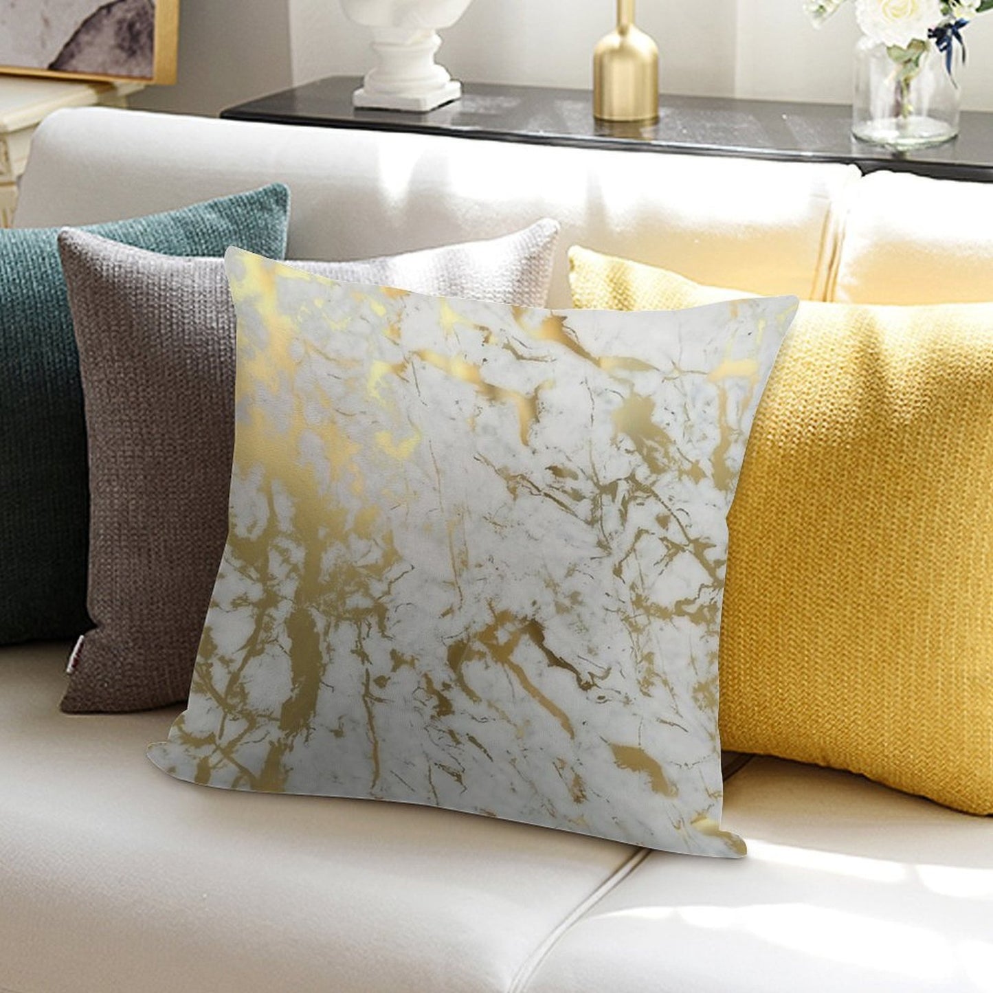 Gold Marble on White (original Height Quality Print) Soft Skin-Friendly Throw Pillow
