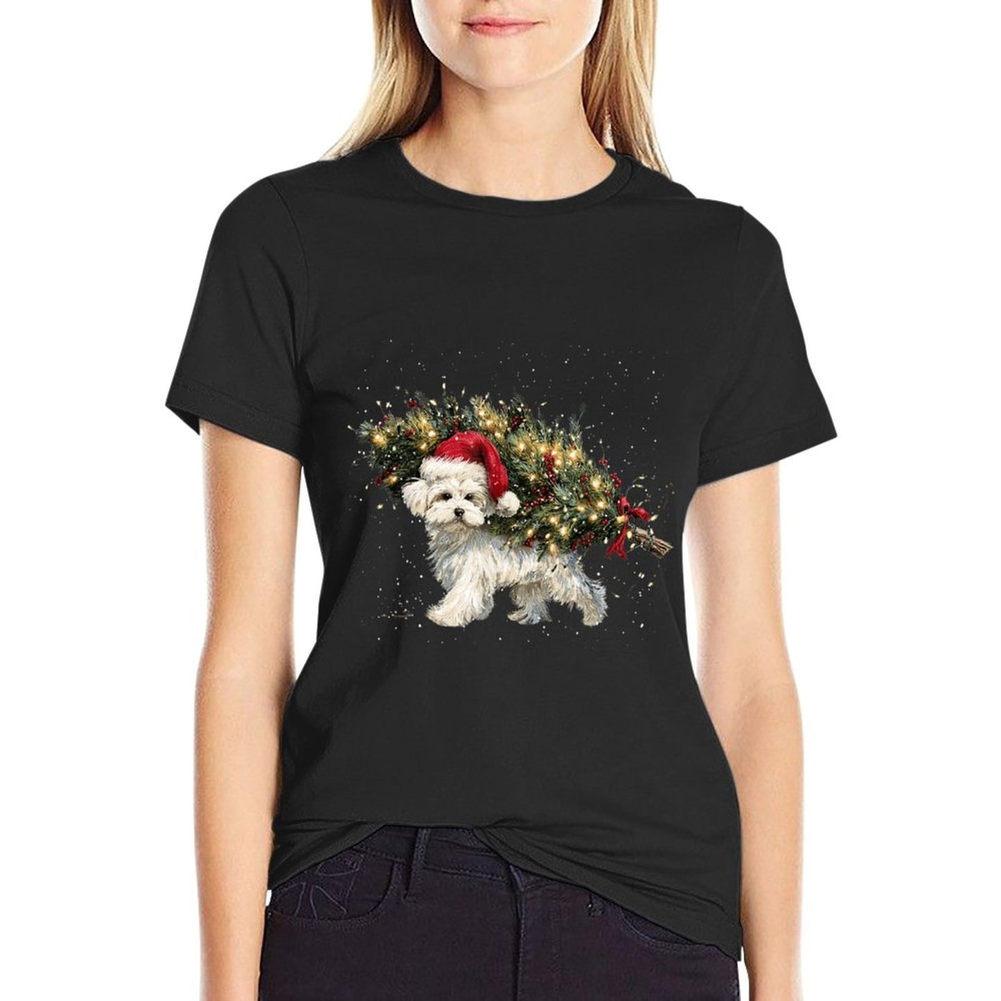 Cute Maltese Dog in A Christmas Tree for Men Women  Breathable T-Shirt