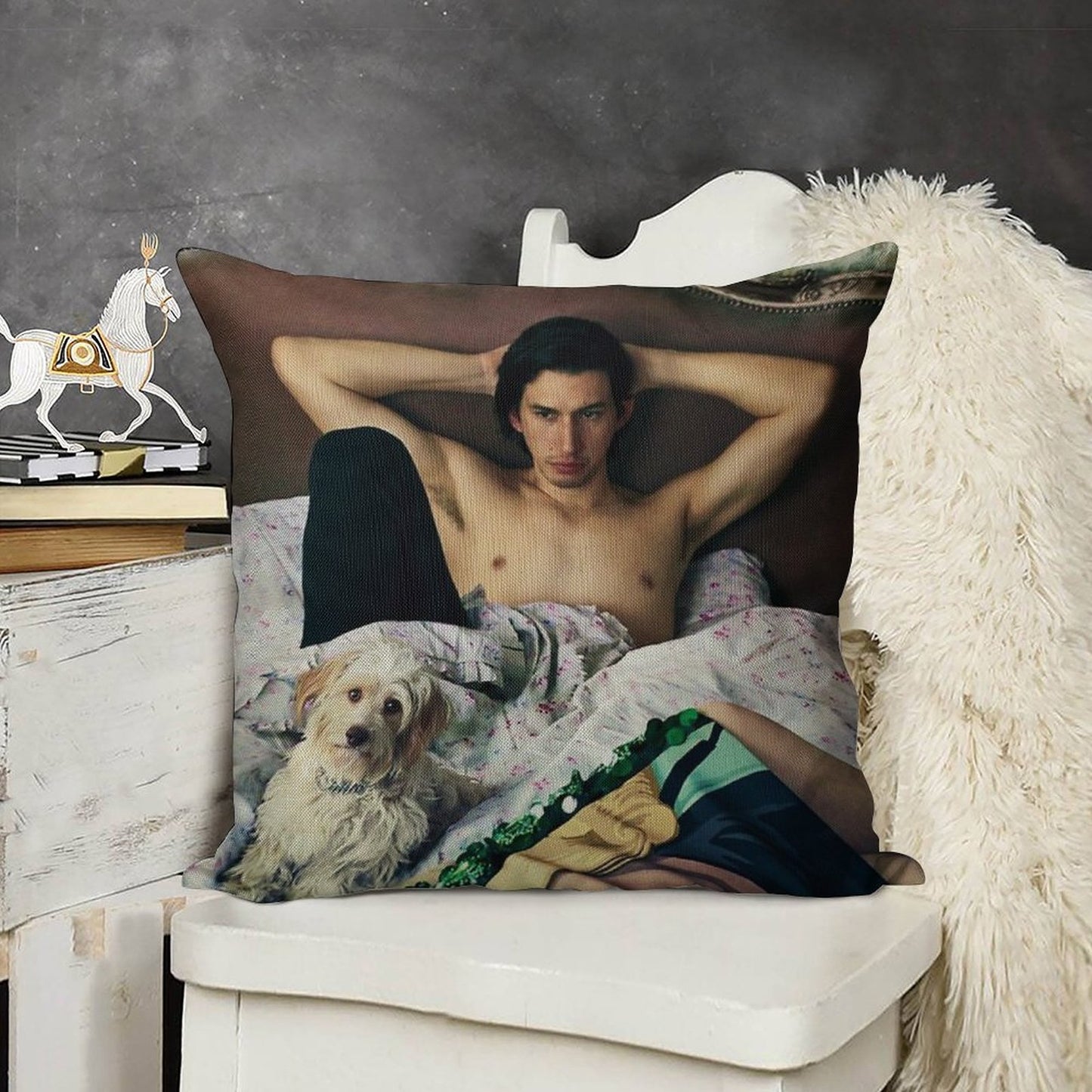 Adam Driver with Dog Photosession Linen Throw Pillow Cover