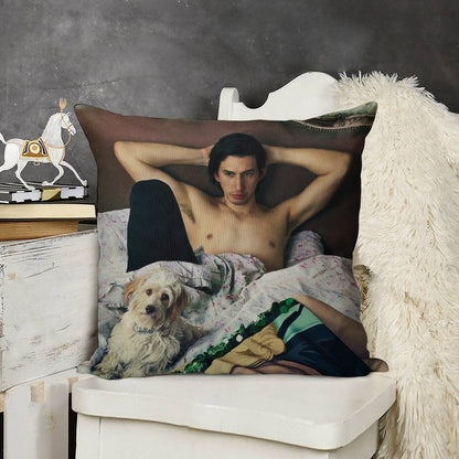 Adam Driver with Dog Photosession Linen Throw Pillow Cover