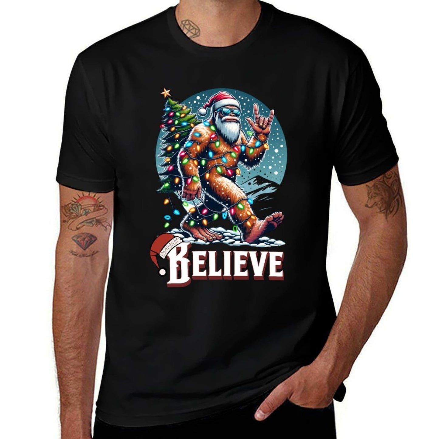 Santa Bigfoot Christmas Lights Funny Sasquatch Believe Xmas  Wrinkle-resistant T-Shirt