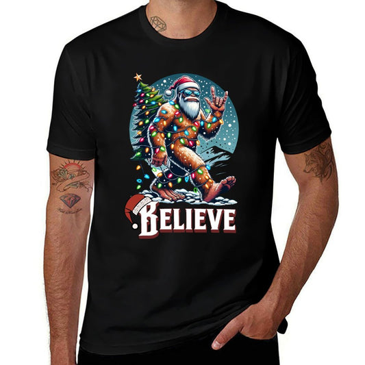 Santa Bigfoot Christmas Lights Funny Sasquatch Believe Xmas  Wrinkle-resistant T-Shirt