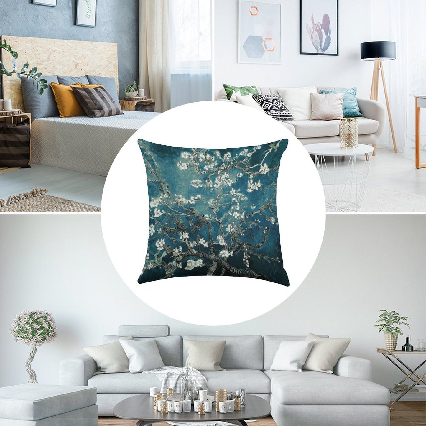 Van Gogh Almond Blossoms Dark Teal Linen Throw Pillow Cover