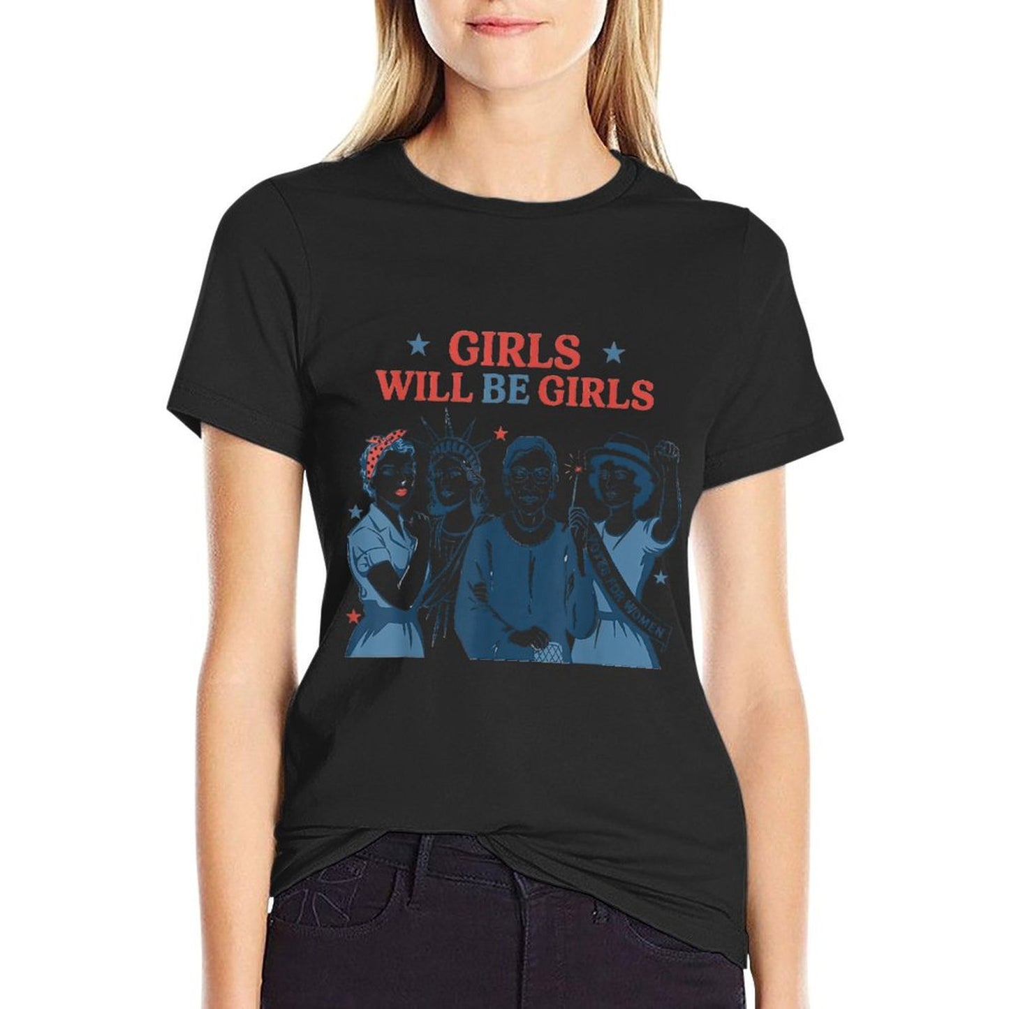 Girl Will Be Girls Patriotic Feminist 4th Of July USA  Ribbed Collar T-Shirt