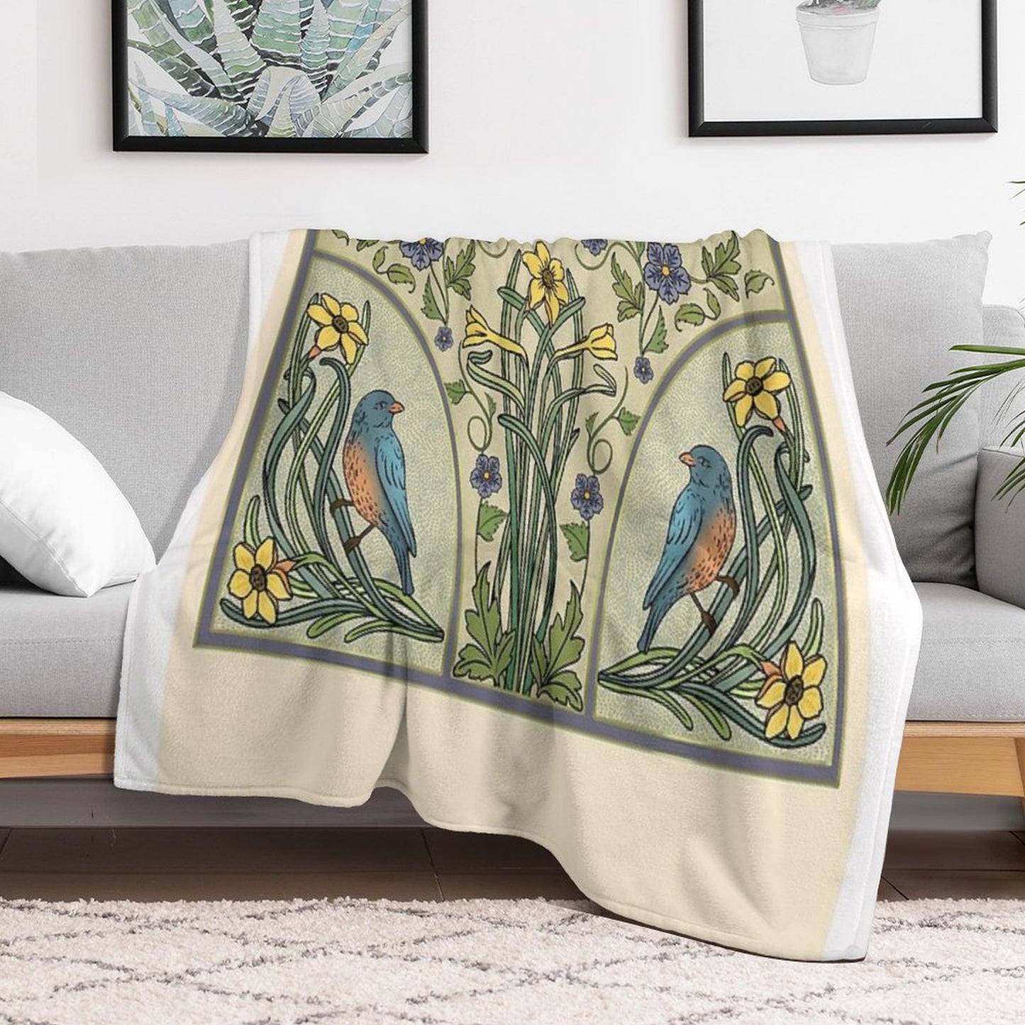 Bluebirds And Spring Blossoms Inspired By Art Nouveau Throw Blanket