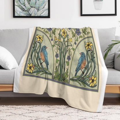 Bluebirds And Spring Blossoms Inspired By Art Nouveau Throw Blanket