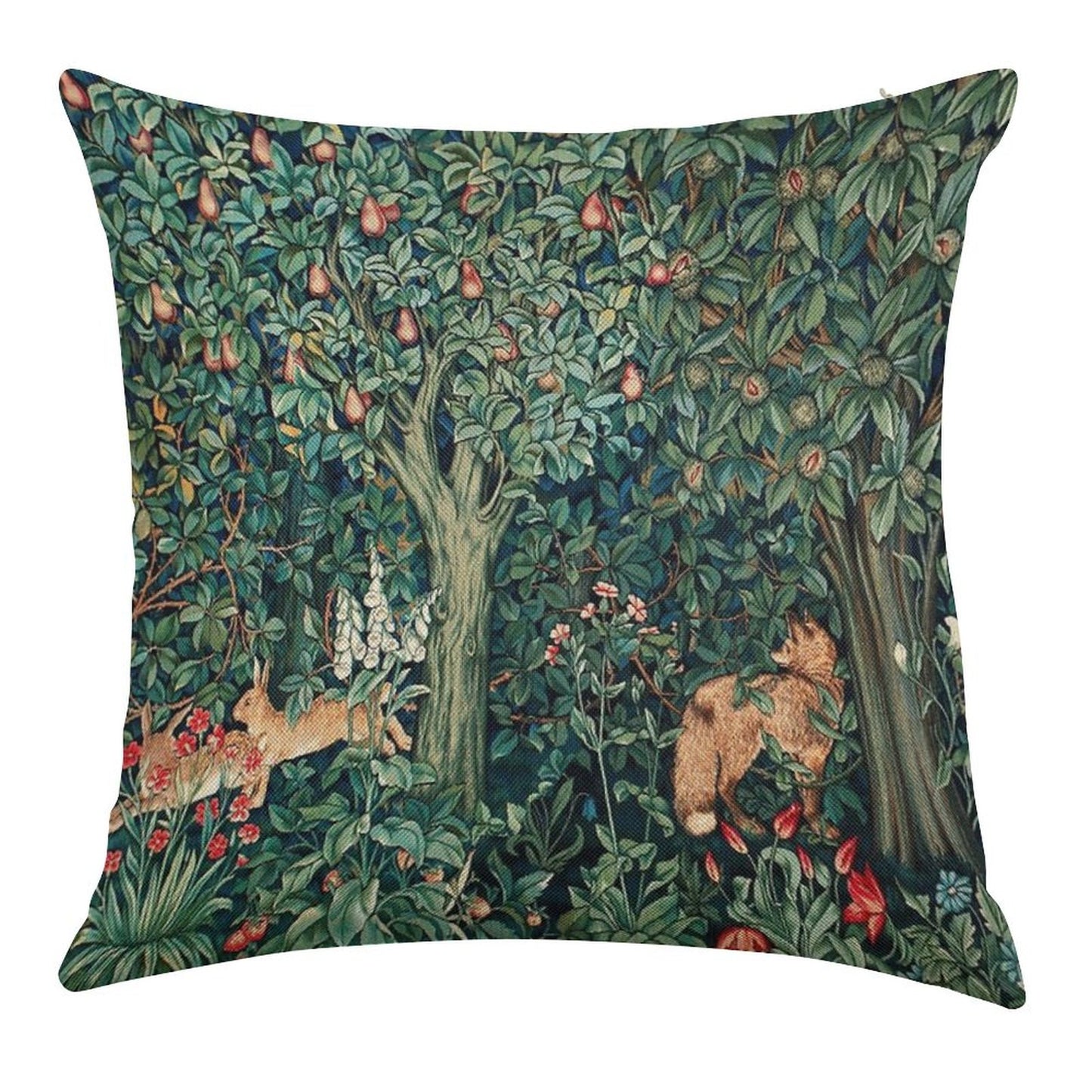 GREENERY, FOREST ANIMALS Fox And Hares Blue Green Floral Tapestry Linen Throw Pillow Cover