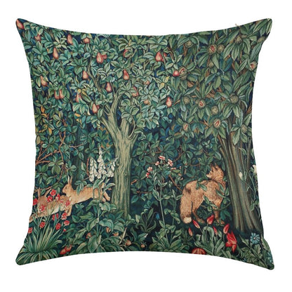 GREENERY, FOREST ANIMALS Fox And Hares Blue Green Floral Tapestry Linen Throw Pillow Cover