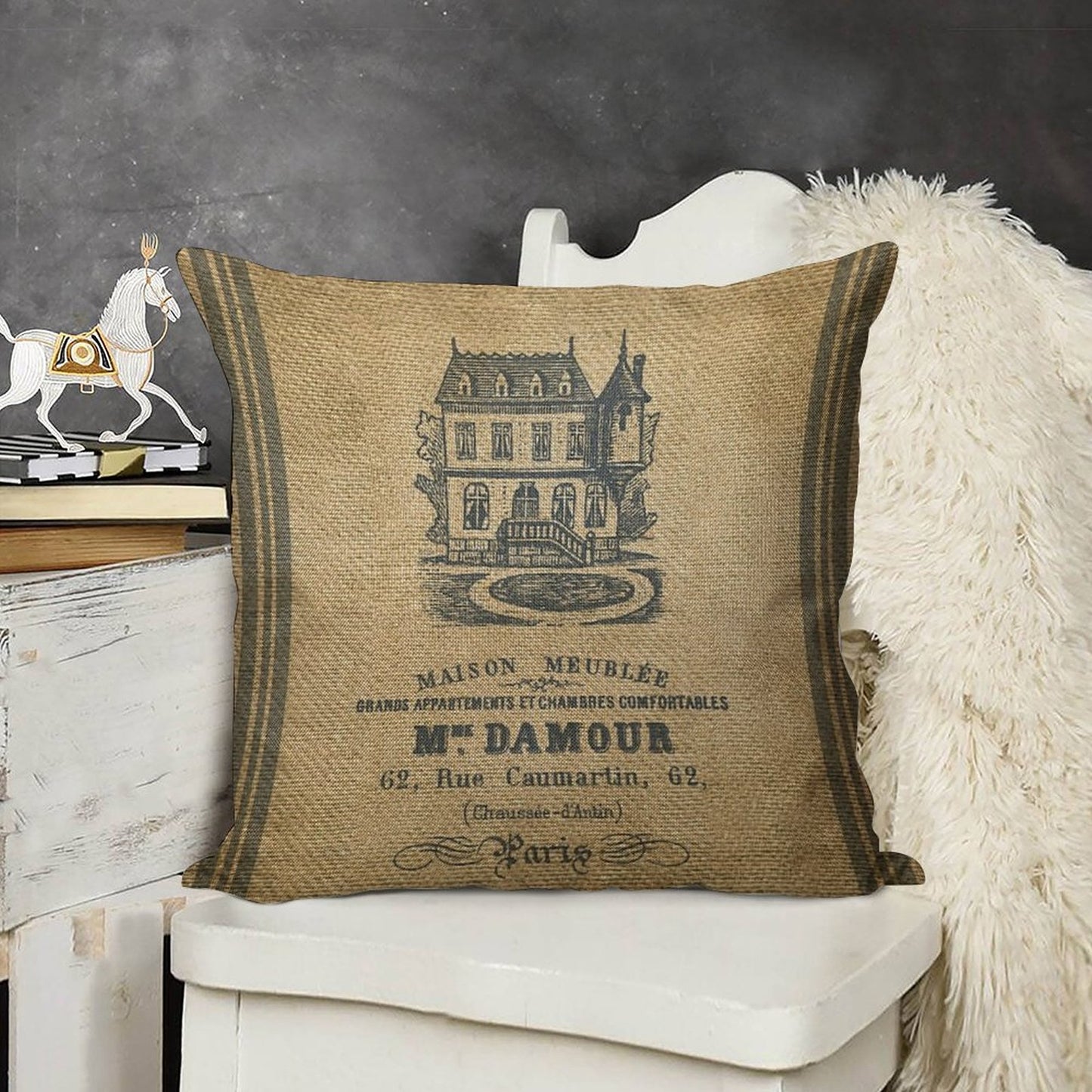 Vintage Burlap French House Design Linen Throw Pillow Cover