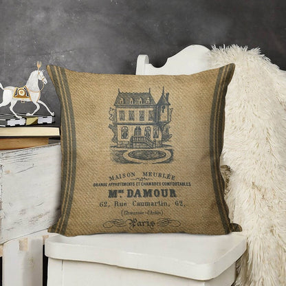 Vintage Burlap French House Design Linen Throw Pillow Cover