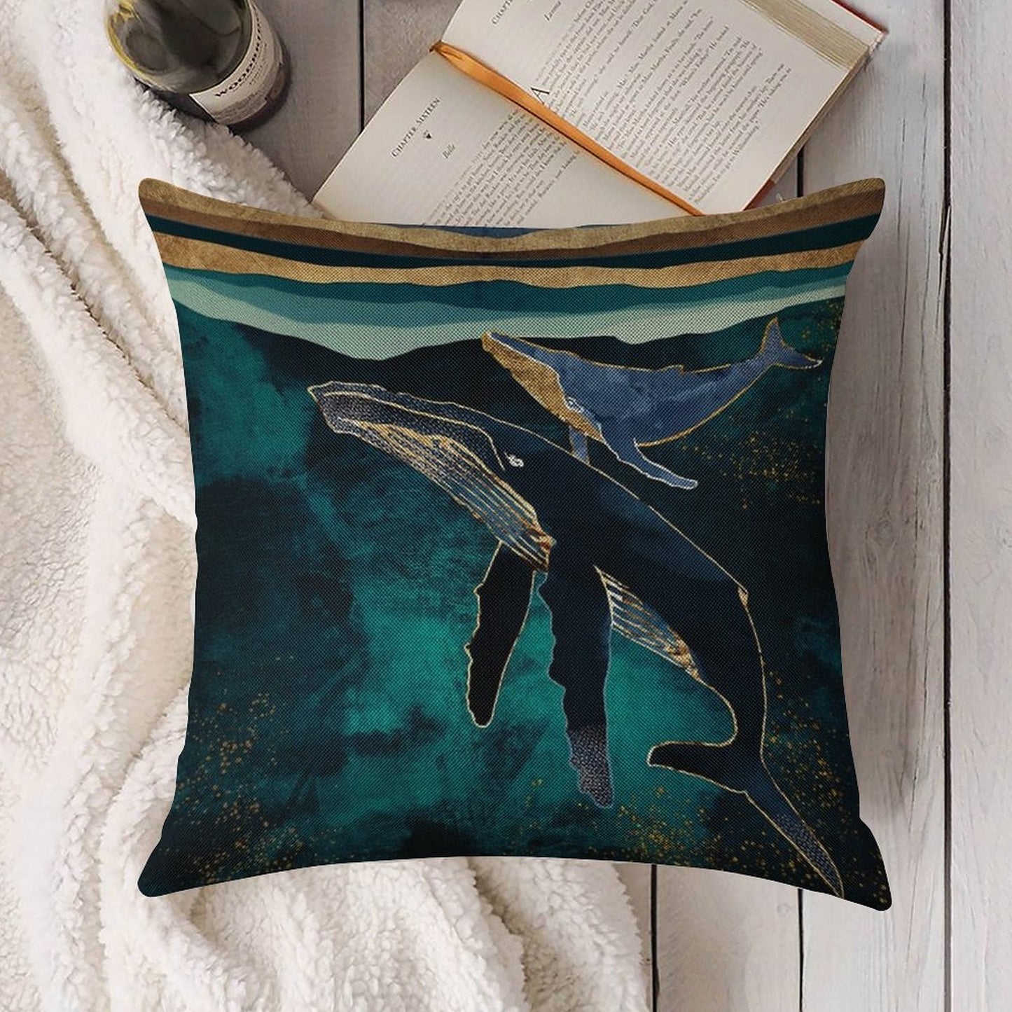 Moonlit Whales Linen Throw Pillow Cover