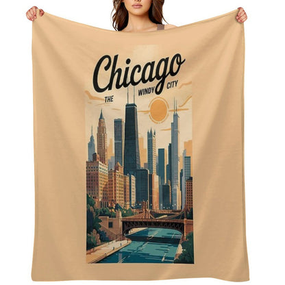 Chicago Illinois Skyline Travel Art Vintage Throw Blanket
