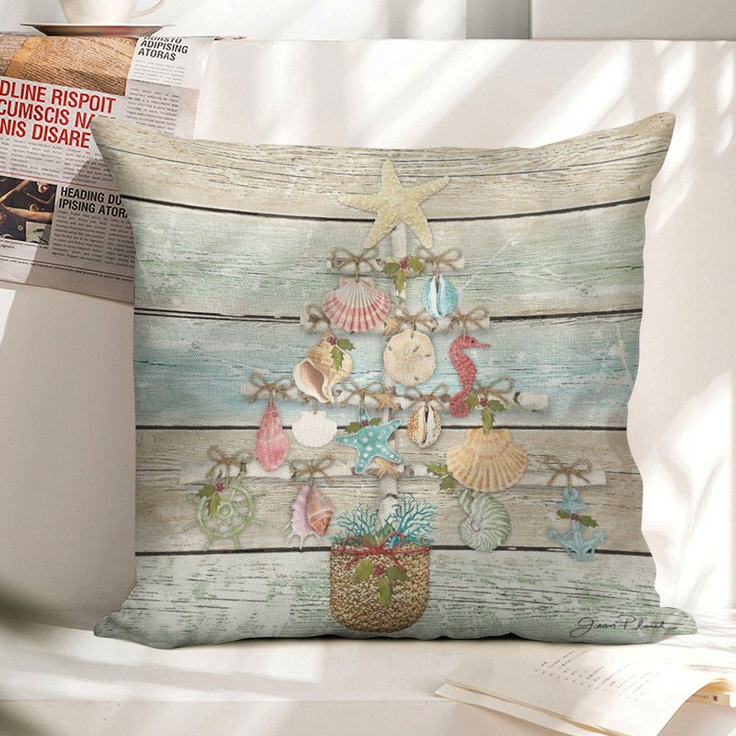 Coastal Christmas A Linen Throw Pillow Cover