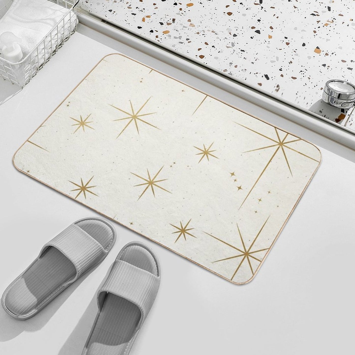 Gold Art Deco Stars Sparkle Pattern Astrology Astronomical Vintage Style White Background Bath Mat