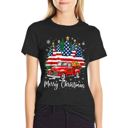 Merry Christmas Vintage Red Truck Us Tree Xmas Men  Ribbed Collar T-Shirt