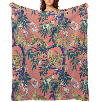 Leopards in Chinoiserie Garden in Blue And Orange Throw Blanket
