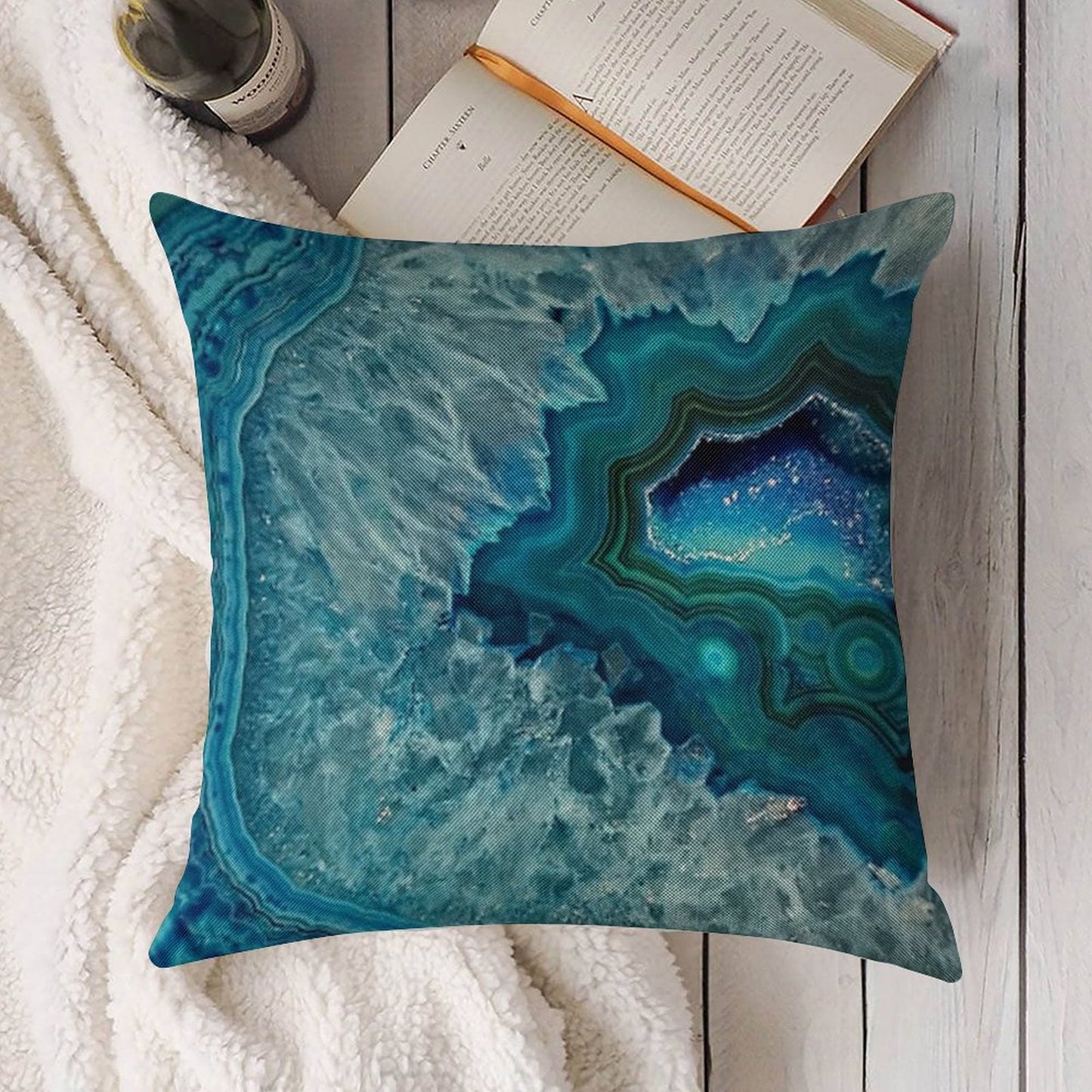 Teal Aqua Turquoise Blue Rock Agate Mineral Crystals Pattern Linen Throw Pillow Cover