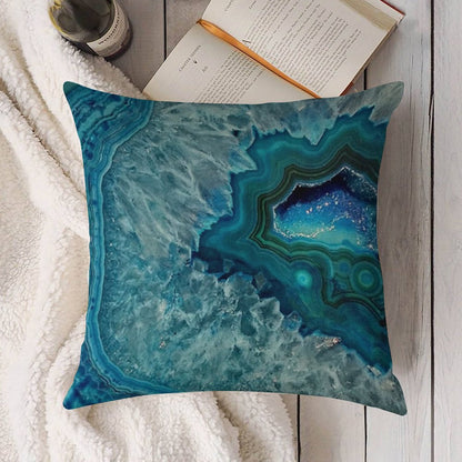Teal Aqua Turquoise Blue Rock Agate Mineral Crystals Pattern Linen Throw Pillow Cover
