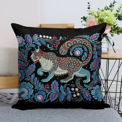 Snow Leopard Folk Art Linen Throw Pillow Cover