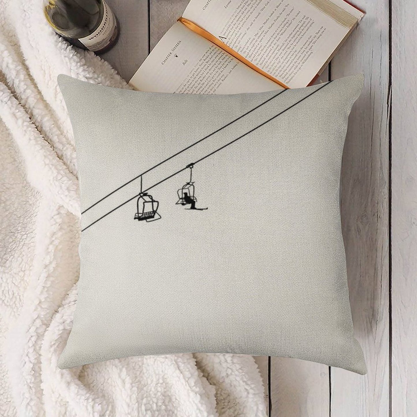 Ski Lift Black And White Linen Throw Pillow Cover