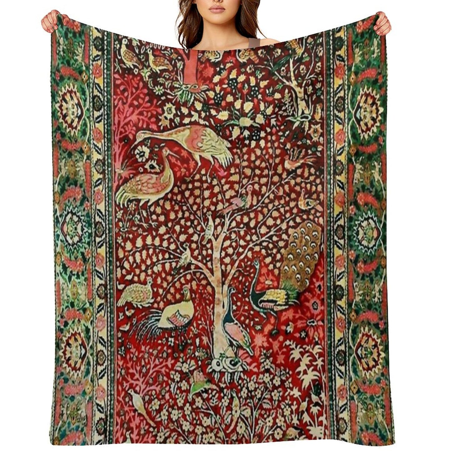 Antique Persian Rug Bird Tree Flowers Ca. 1600 Print Throw Blanket