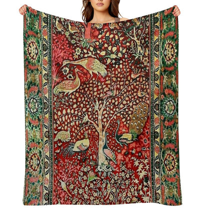 Antique Persian Rug Bird Tree Flowers Ca. 1600 Print Throw Blanket