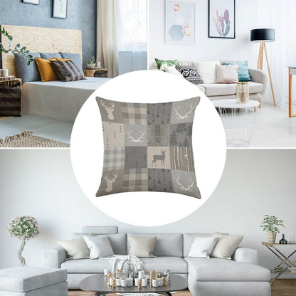 Rustic Woodland Patchwork - Grey And Beige Linen Throw Pillow Cover