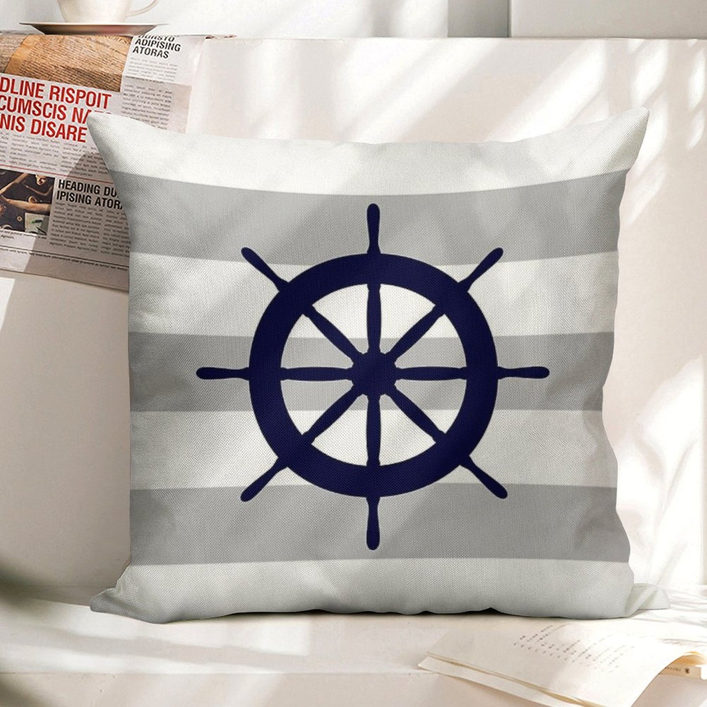 Nautical Navy Blue Ship's Steering Wheel On Silver Gray Stripes Linen Throw Pillow Cover