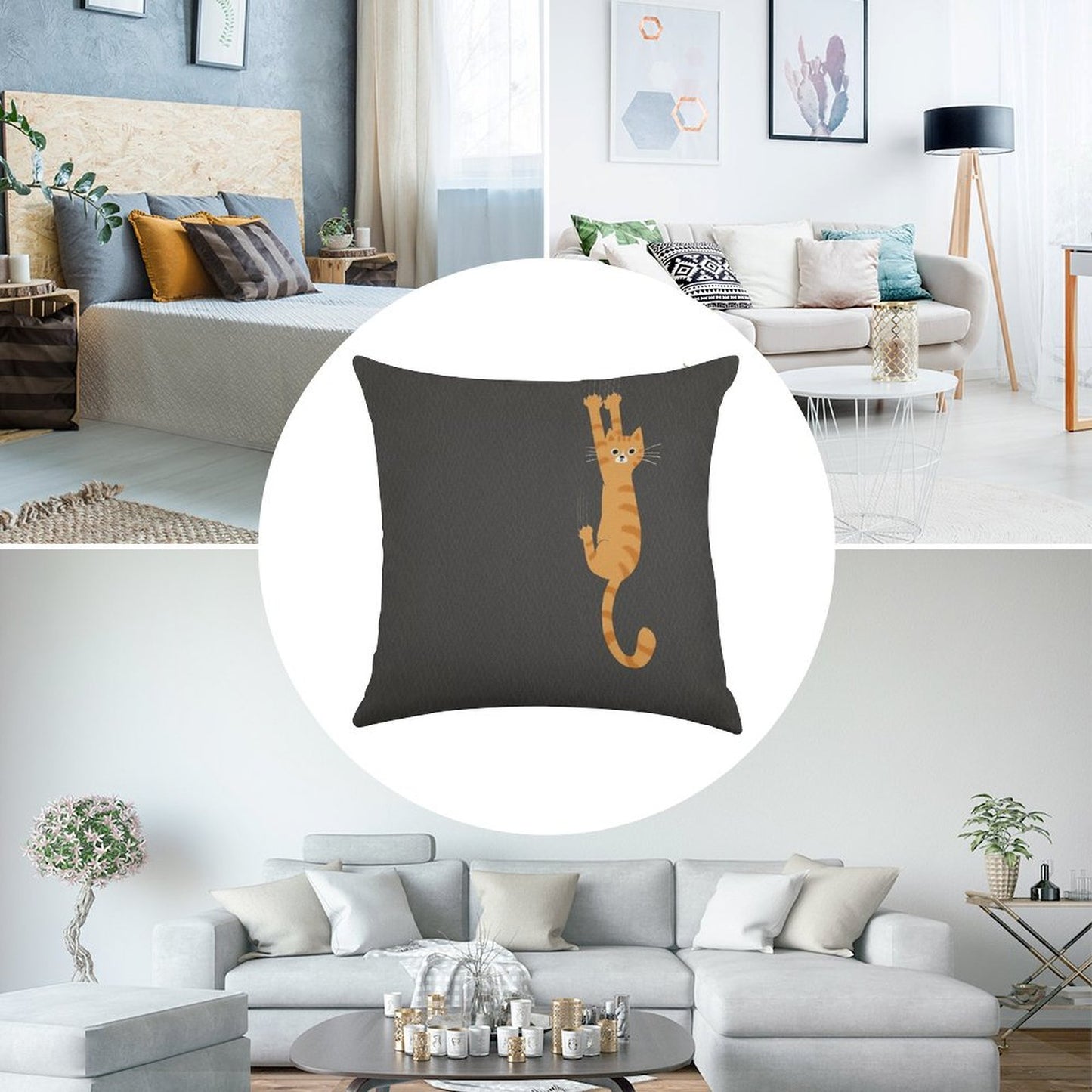 Orange Tabby Cat Hanging On  Funny Striped Cat Linen Throw Pillow Cover