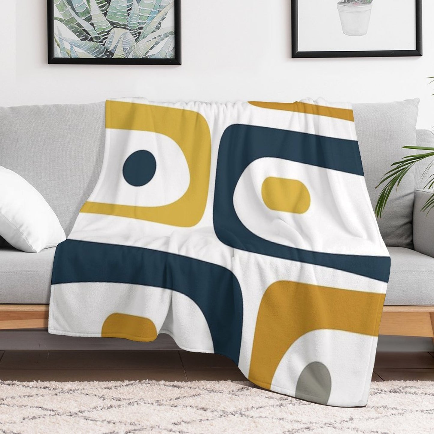 Mid Century Modern Piquet Abstract Minimalist Pattern in Navy Blue, Light And Dark Mustard, Grey, And White Throw Blanket
