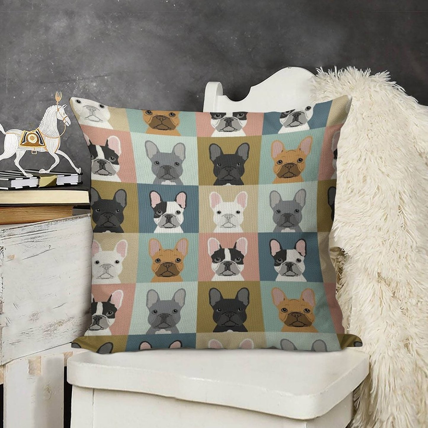 French Bulldog Portraits Pattern Dog Person Gift Love Animal Pet Puppy Frenchie Bulldog Valentines Linen Throw Pillow Cover